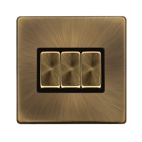 Screwless Plate Antique Brass Screwless Plate Antique Brass 10A 3 Gang 2 Way Light Switch - Black Trim - SE Home