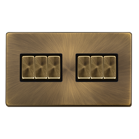 Screwless Plate Antique Brass Screwless Plate Antique Brass 10A 6 Gang 2 Way Light Switch - Black Trim - SE Home