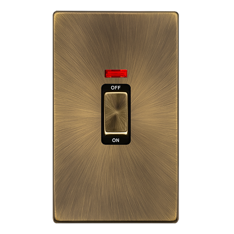 Screwless Plate Antique Brass 50A Ingot 2 Gang Double Pole Switch With Neon - Black Trim - SE Home