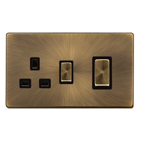 Screwless Plate Antique Brass 50A Ingot Double Pole Switch With 13A Double Pole Switched Plug Socket - Black Trim - SE Home