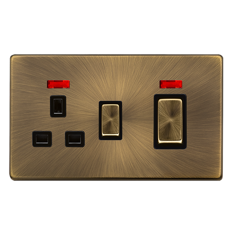 Screwless Plate Antique Brass 50A Ingot Double Pole Switch With 13A Double Pole Switched Plug Socket + Neon -  Black Trim