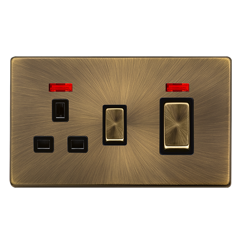 Screwless Plate Antique Brass 50A Ingot Double Pole Switch With 13A Double Pole Switched Plug Socket + Neon - Black Trim - SE Home