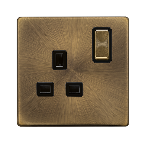 Screwless Plate Antique Brass 13A Ingot 1 Gang DP Switched Plug Socket - Black Trim - SE Home