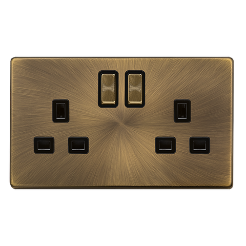 Screwless Plate Antique Brass 13A Ingot 2 Gang DP Switched Plug Socket - Black Trim - SE Home