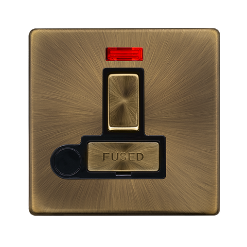Screwless Plate Antique Brass 13A Ingot Switched Fused Connection Unit With Neon + Optional Flex Outlet - Black Trim