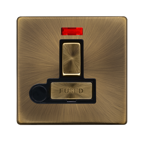Screwless Plate Antique Brass 13A Ingot Switched Fused Connection Unit With Neon + Optional Flex Outlet - Black Trim - SE Home