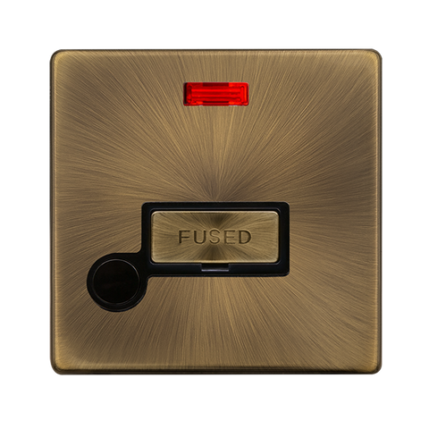 Screwless Plate Antique Brass 13A Ingot Fused Connection Unit With Neon + Optional Flex Outlet - Black Trim