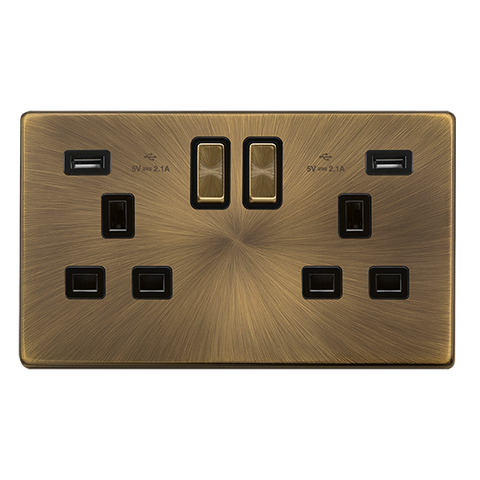 Screwless Plate Antique Brass 13A Ingot 2 Gang Switched Plug Socket With 2.1A Usb Outlets - Black Trim