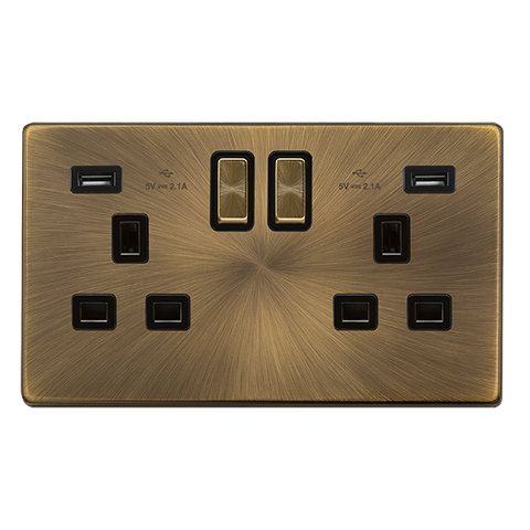 Screwless Plate Antique Brass 13A Ingot 2 Gang Switched Plug Socket With 2.1A Usb Outlets - Black Trim - SE Home