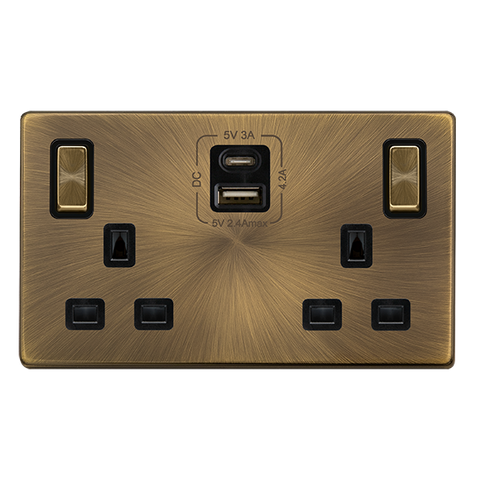 Screwless Plate Antique Brass 13A Ingot 2 Gang Switched Plug Socket With Type A + C Usb - Black Trim - SE Home