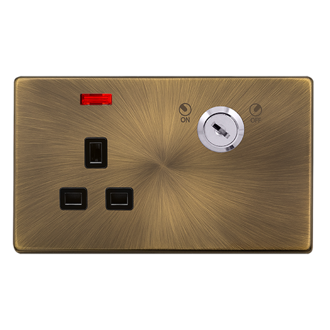 Screwless Plate Antique Brass 13A 1 Gang Double Pole Key Lockable Socket With Neon - Black Trim - SE Home