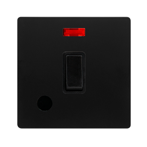 Screwless Plate Matt Black 20A Double Pole Switch With Neon + Flex Outlet - Black Trim
