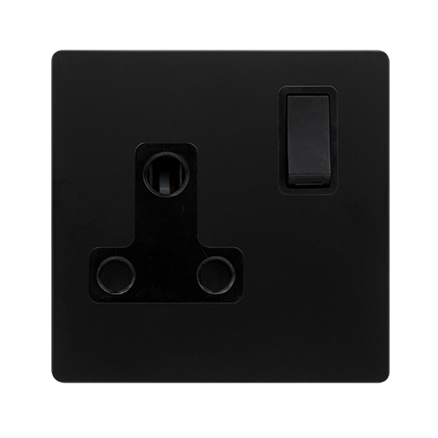 Screwless Plate Matt Black 15A Round Pin Switched Plug Socket - Black Trim