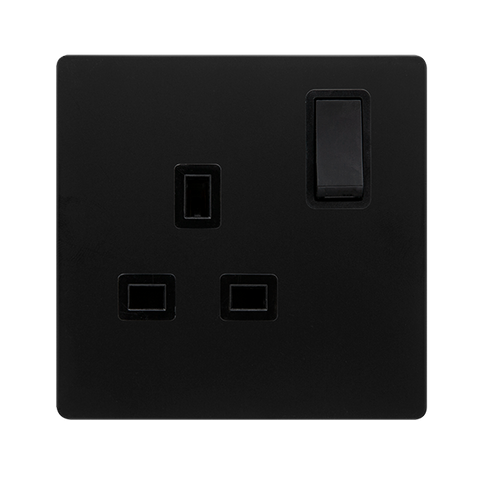 Screwless Plate Matt Black 13A   1 Gang DP Switched Plug Socket - Black Trim