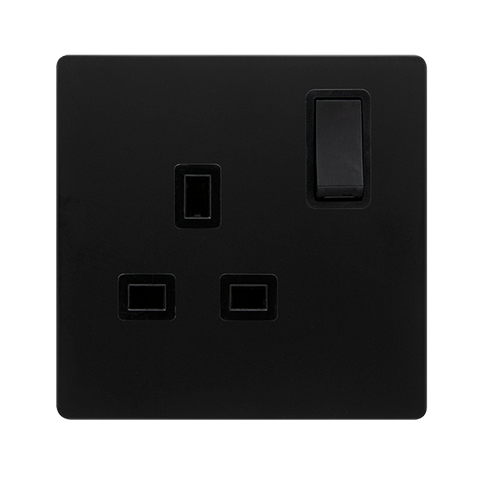Screwless Plate Matt Black 13A 1 Gang DP Switched Plug Socket - Black Trim - SE Home