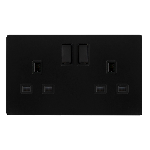 Screwless Plate Matt Black 13A   2 Gang DP Switched Plug Socket - Black Trim