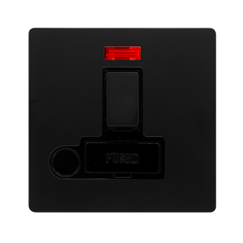 Screwless Plate Matt Black 13A Switched Fused Spur Unit With Neon + Optional Flex Outlet - Black Trim - SE Home