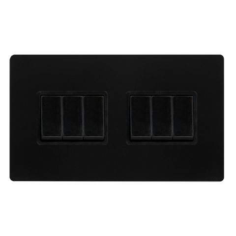 Screwless Plate Matt Black 10A   6 Gang 2 Way Light Switch - Black Trim