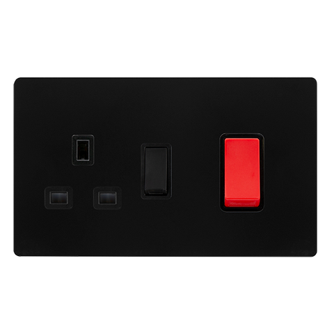 Screwless Plate Matt Black 50A Double Pole Switch With 13A Double Pole Switched Plug Socket - Black Trim - SE Home