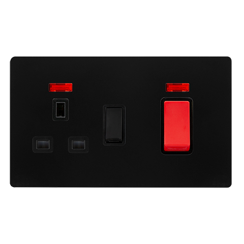 Screwless Plate Matt Black 50A Double Pole Switch With 13A Double Pole Switched Plug Socket + Neon - Black Trim - SE Home