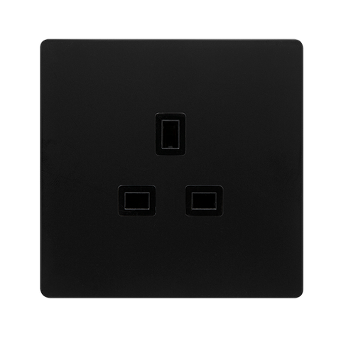 Screwless Plate Matt Black 13A 1 Gang UnSwitched Plug Socket - Black Trim - SE Home