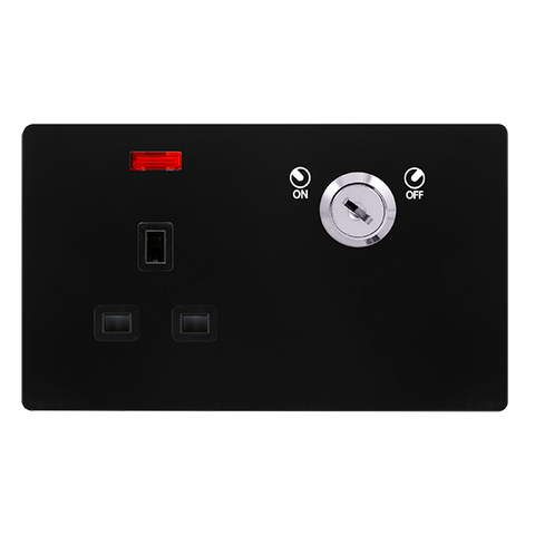 Screwless Plate Matt Black 13A 1 Gang Double Pole Key Lockable Socket With Neon - Black Trim