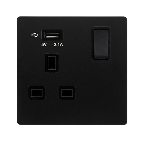 Screwless Plate Matt Black 13A 1 Gang Switched Plug Socket With 2.1A Usb Outlet - Black Trim - SE Home