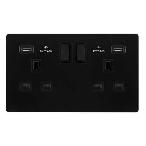Screwless Plate Matt Black 13A 2 Gang Switched Plug Socket With 2.1A Usb Outlets - Black Trim - SE Home