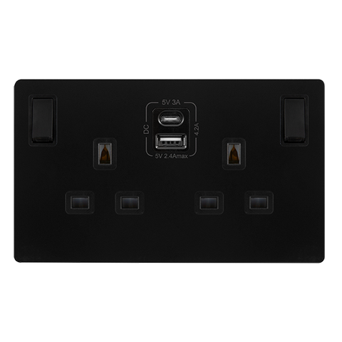 Screwless Plate Matt Black 13A   2 Gang Switched Plug Socket With Type A + C Usb - Black Trim