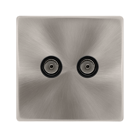 Screwless Plate Brushed Steel Twin Non-Isolated Coaxial Outlet - Black Trim - SE Home