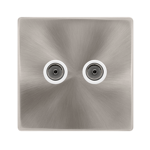 Screwless Plate Brushed Steel Twin Non-Isolated Coaxial Outlet - White Trim - SE Home