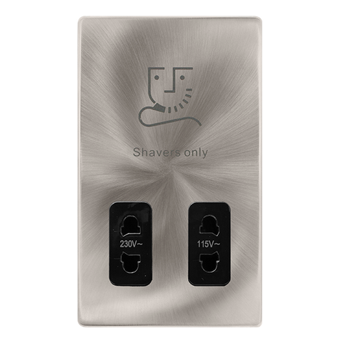 Screwless Plate Brushed Steel 115/230V Dual Voltage Shaver Socket - Black Trim - SE Home