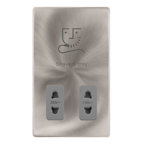 115/230V Dual Voltage Shaver Socket - Brushed Steel Cover Plate - Grey Insert - Screwless - SE Home