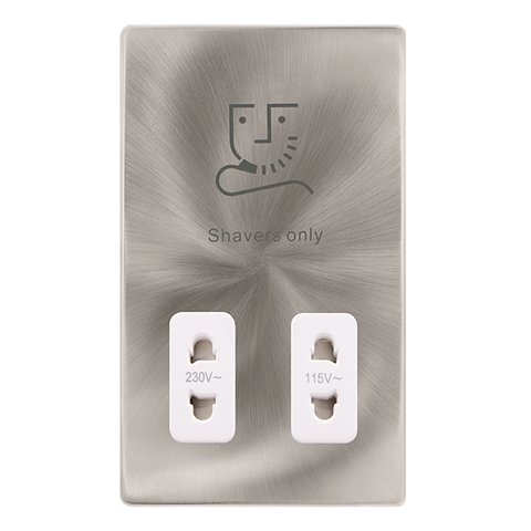 Screwless Plate Brushed Steel 115/230V Dual Voltage Shaver Socket - White Trim - SE Home