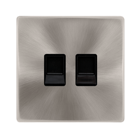 Screwless Plate Brushed Steel Twin Telephone Master Outlet - Black Trim - SE Home