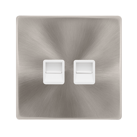 Screwless Plate Brushed Steel Twin Telephone Secondary Outlet - White Trim - SE Home