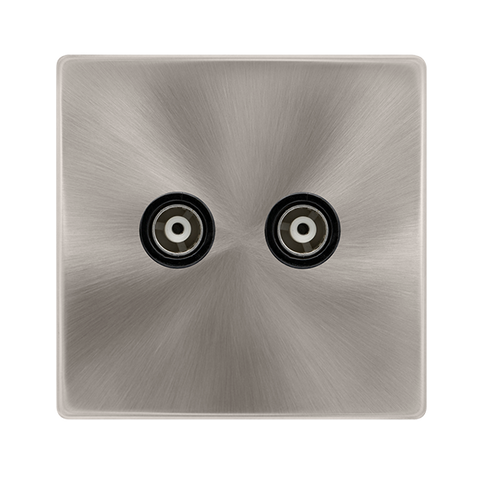 Screwless Plate Brushed Steel Twin Isolated Coaxial Outlet - Black Trim - SE Home