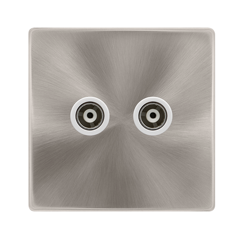 Screwless Plate Brushed Steel Twin Isolated Coaxial Outlet - White Trim - SE Home