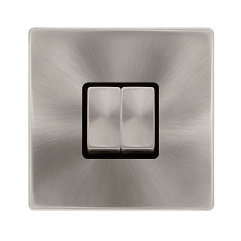 Screwless Plate Brushed Steel 10A Ingot 2 Gang 2 Way Light Switch - Black Trim - SE Home