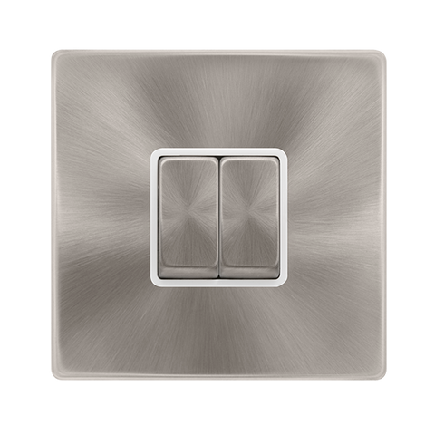 Screwless Plate Brushed Steel 10A Ingot 2 Gang 2 Way Light Switch - White Trim