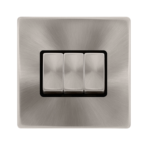 Screwless Plate Brushed Steel 10A Ingot 3 Gang 2 Way Light Switch - Black Trim