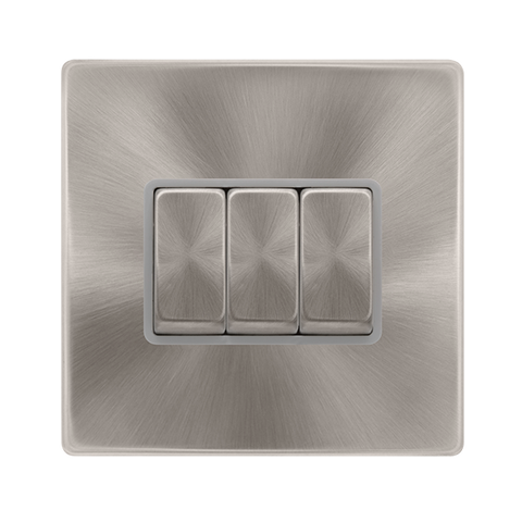10AX Ingot 3 Gang 2 Way Switch - Brushed Steel Cover Plate - Grey Insert - Screwless - SE Home