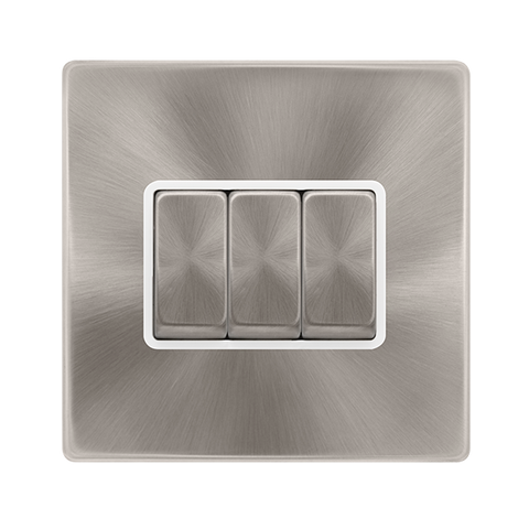 Screwless Plate Brushed Steel 10A Ingot 3 Gang 2 Way Light Switch - White Trim