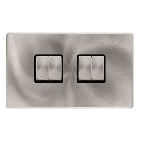 Screwless Plate Brushed Steel 10A Ingot 4 Gang 2 Way Light Switch - Black Trim