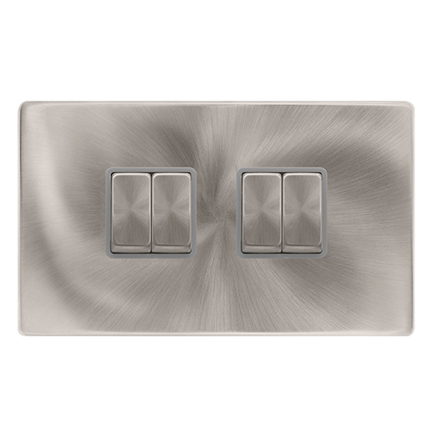 10AX Ingot 4 Gang 2 Way Switch - Brushed Steel Cover Plate - Grey Insert - Screwless - SE Home