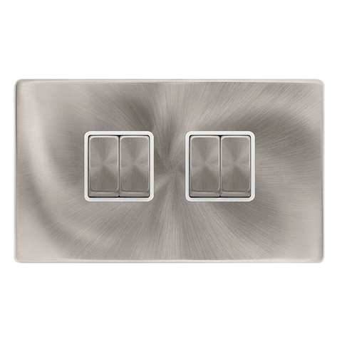 Screwless Plate Brushed Steel 10A Ingot 4 Gang 2 Way Light Switch - White Trim - SE Home