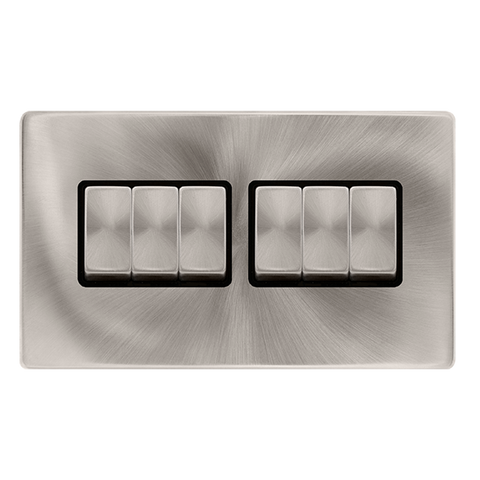 Screwless Plate Brushed Steel 10A Ingot 6 Gang 2 Way Light Switch - Black Trim