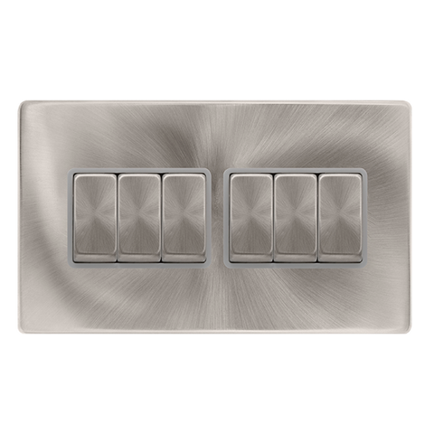 10AX Ingot 6 Gang 2 Way Switch - Brushed Steel Cover Plate - Grey Insert - Screwless - SE Home