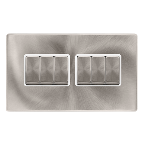 Screwless Plate Brushed Steel 10A Ingot 6 Gang 2 Way Light Switch - White Trim