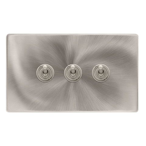 Screwless Plate Brushed Steel 10A 3 Gang 2 Way Toggle Light Switch